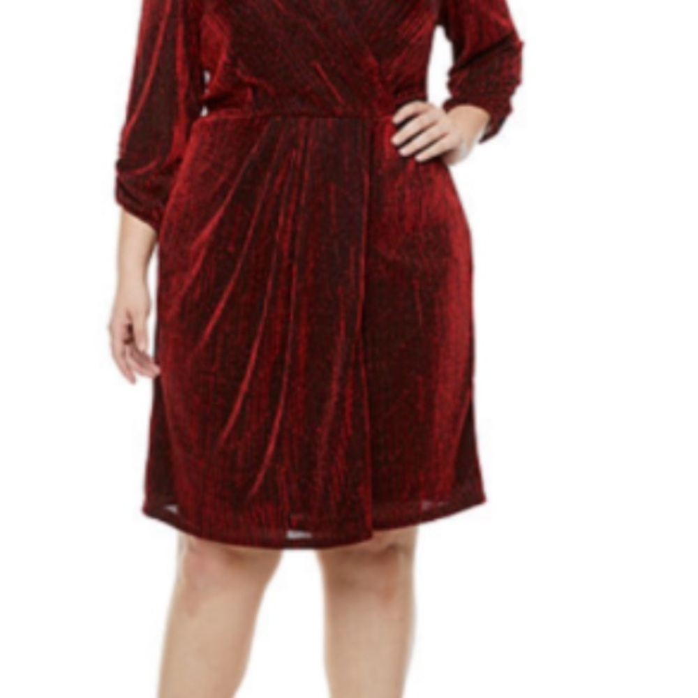 J Taylor Plus 3/4 Sleeve Faux-Wrap Dress - Red - Size 16 W -